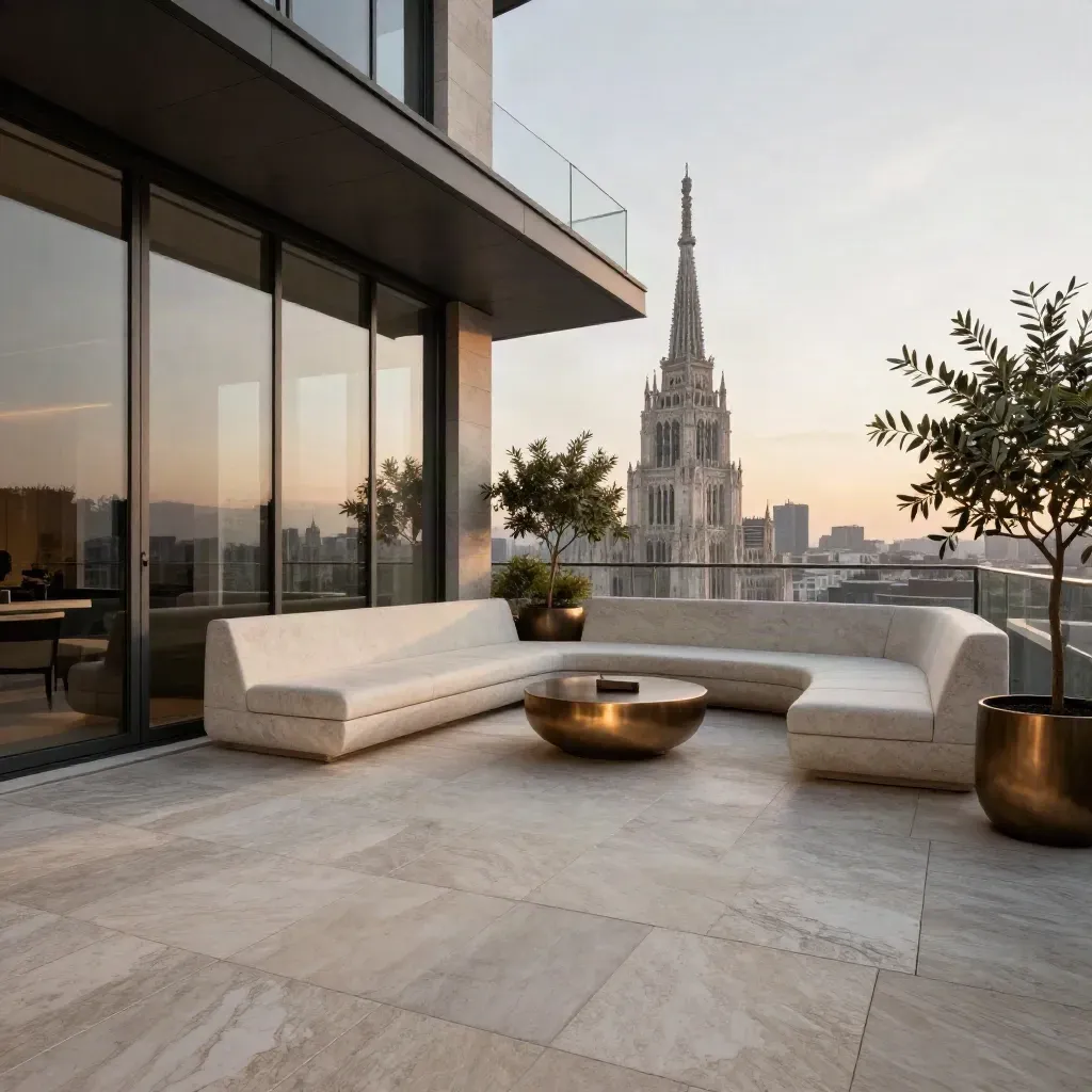 Terrazza panoramica di attico con pietra chiara e vetrate al tramonto sopra Milano.