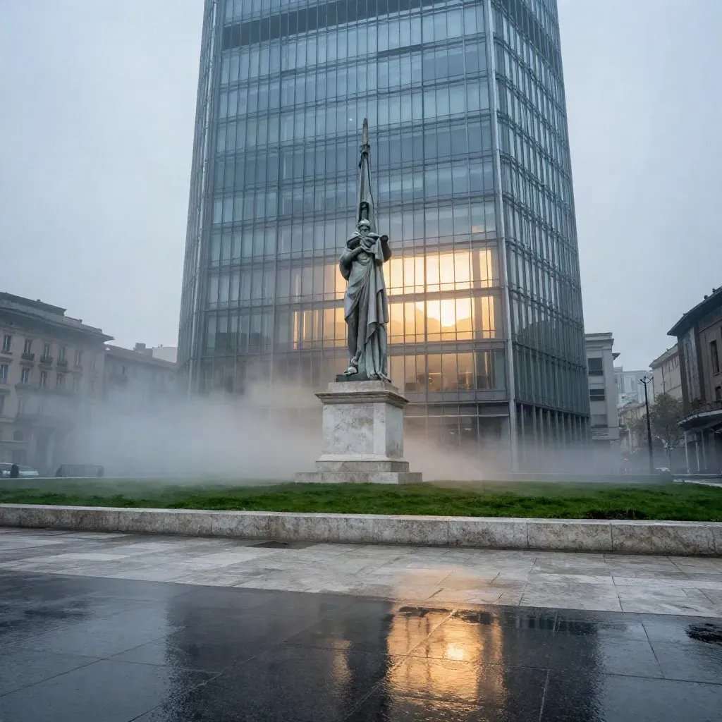 Torre Milano all’alba dopo la pioggia, riflessi sul vetro e nebbia leggera.