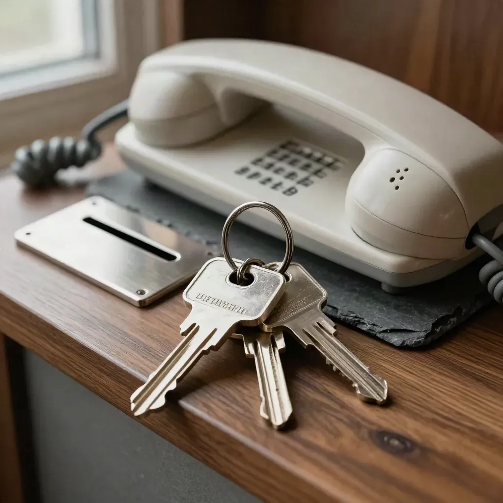 Chiavi di appartamento, targa mailbox in metallo e cornetta telefonica su pietra ardesia.