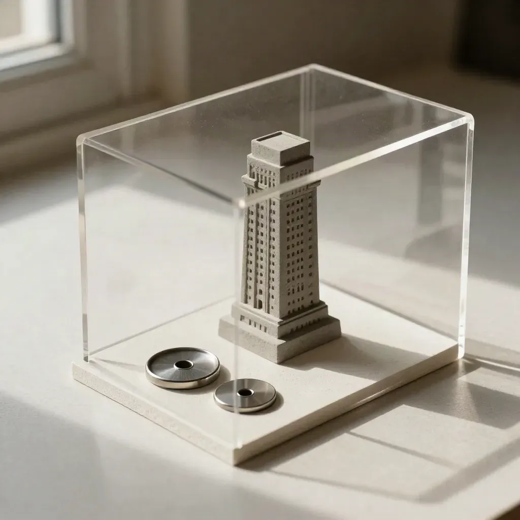 Custodia acrilica con miniatura della torre e gettone metallico su fondo chiaro.