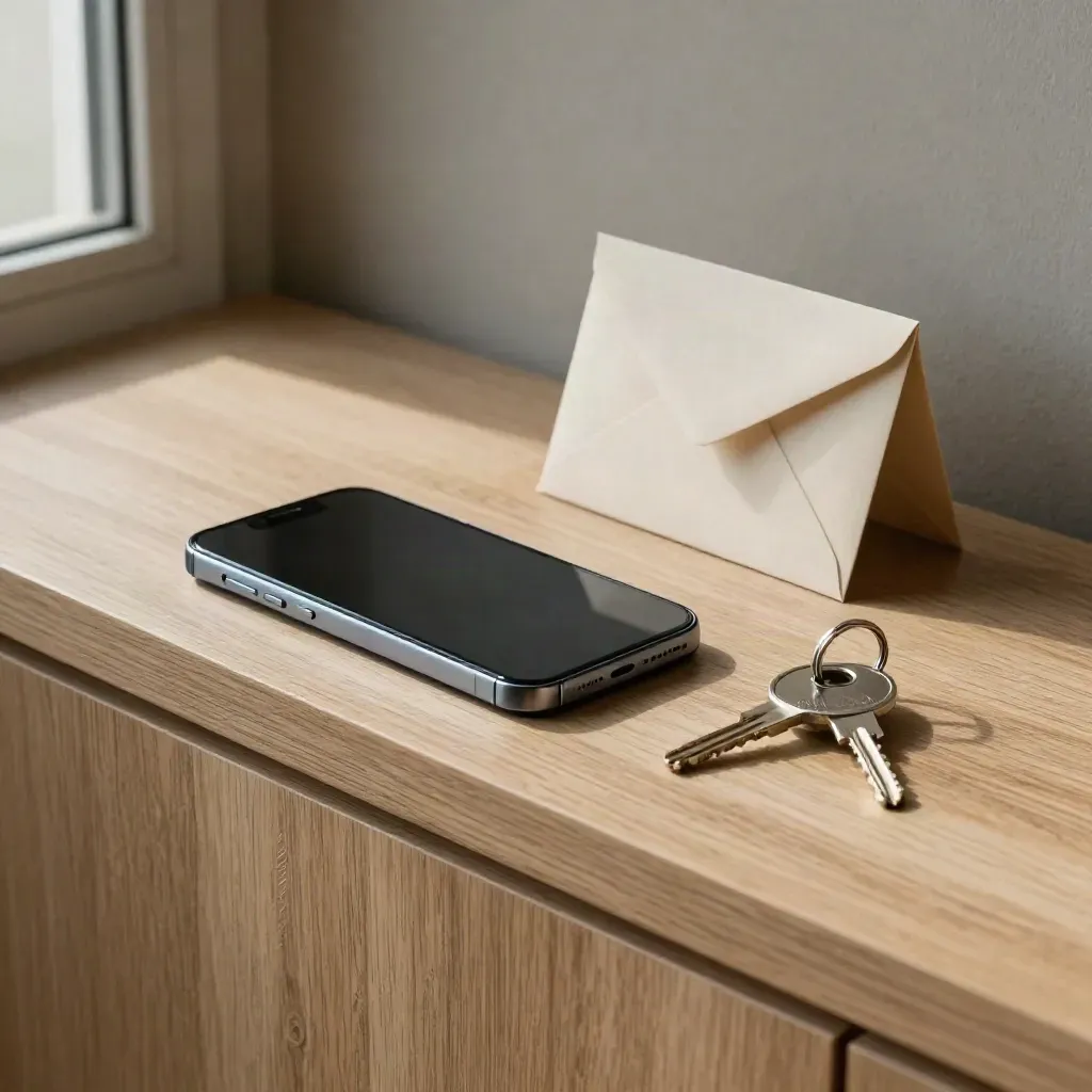 Telefono spento, busta chiusa e chiavi appartamento su legno chiaro, luce laterale.