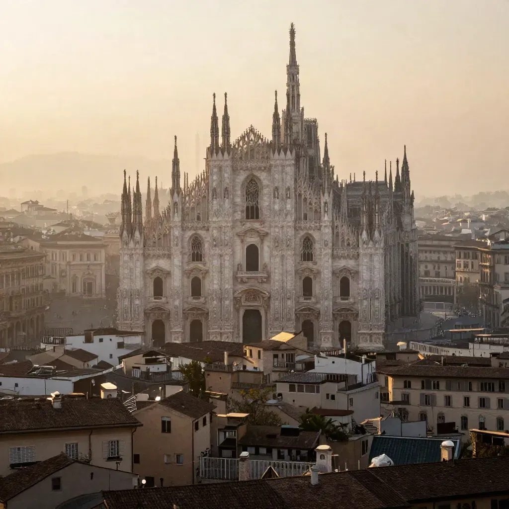 Le guglie del Duomo di Milano all’alba sopra i tetti calmi del centro