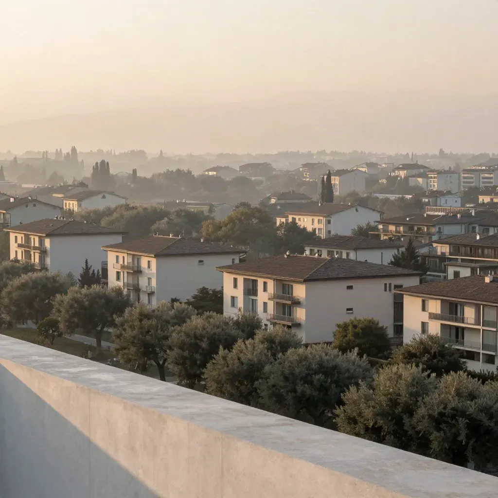 Panorama serale di Segrate con alberi, palazzi chiari e foschia morbida.
